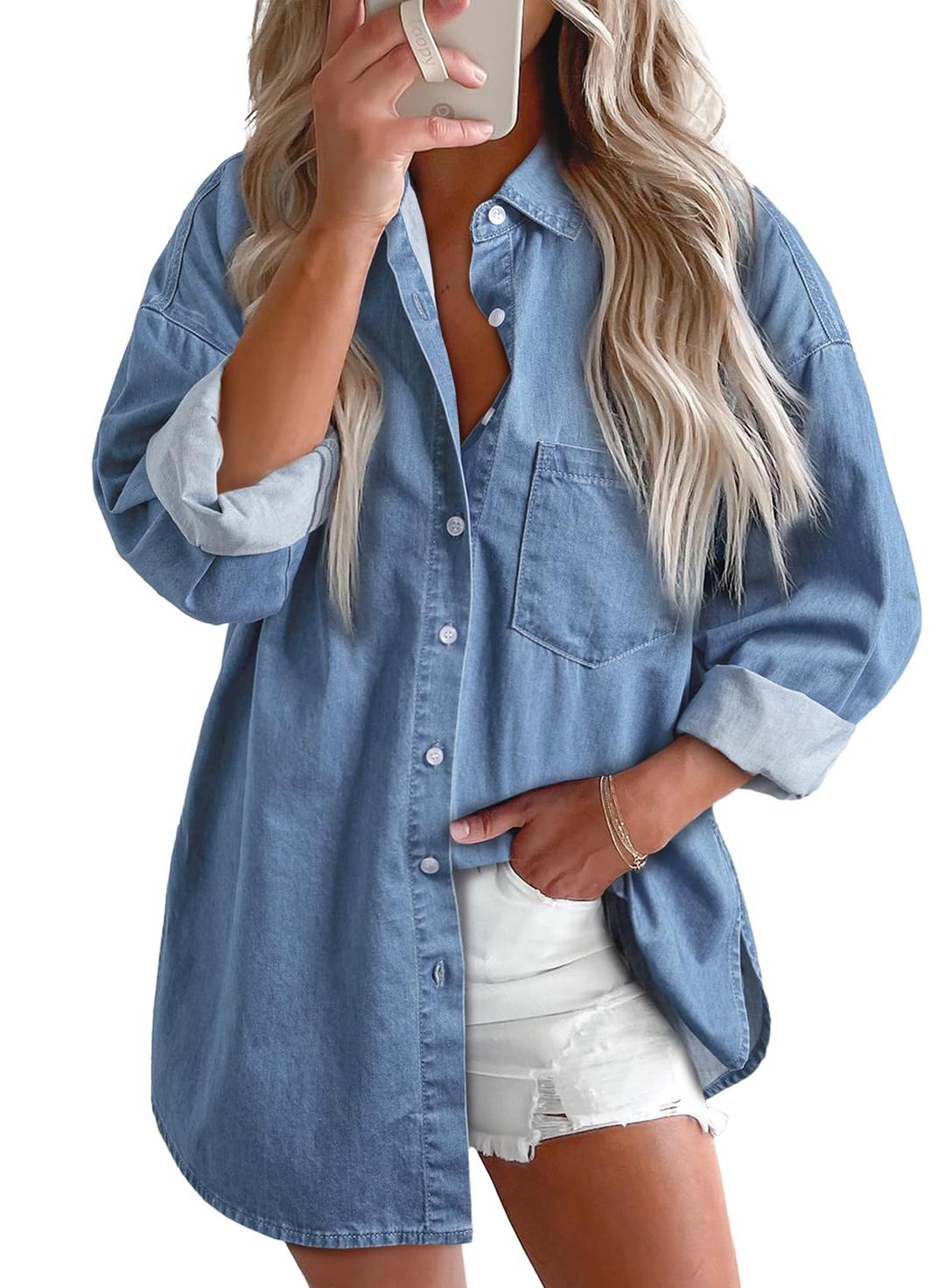 AstylishWomen Denim Shirts Button Down Blouse Long Sleeve V Neck Casual Tops