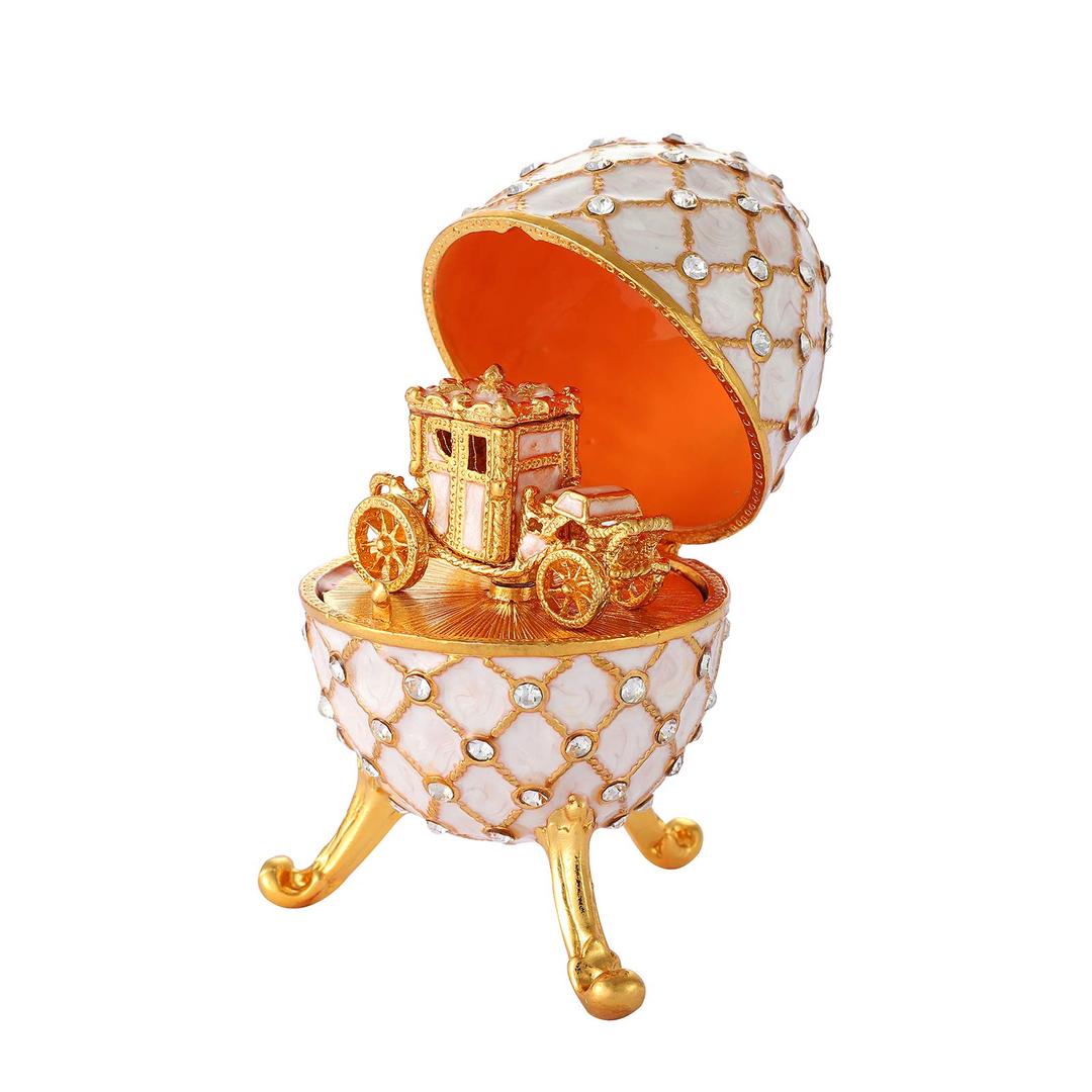 QIFU Vintage White Easter Egg Style Collectible with Mini Royal Carriage, Unique Gift for Easter Collection