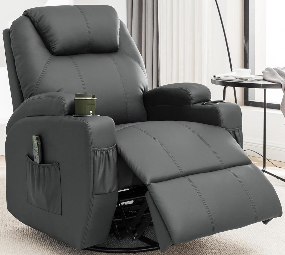 Recliner Chair, Rocking Chair with Massage and Heat, 360° Swivel Recliner Chairs for Adults, Rocker Manual Recliner with Remote Control and Cup Holder for Living Room, Bedroom, Nursery