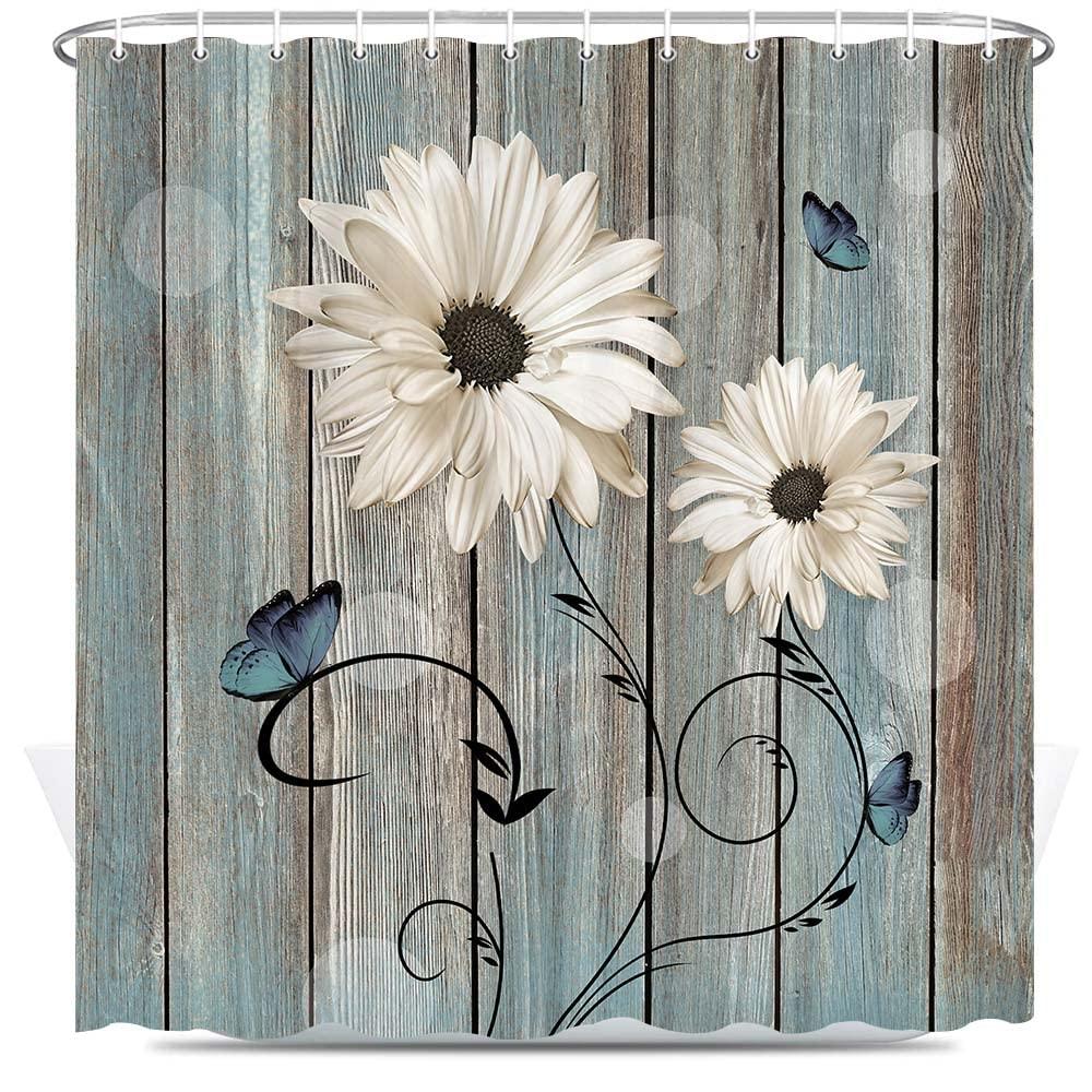 Rustic Floral Shower Curtain for Bathroom, Elegant Daisy Flower Butterflies Bath Curtains, Farmhouse Barn Wood Vintage Fabric Shower Curtain Sets with Hooks, 69x70 Inches