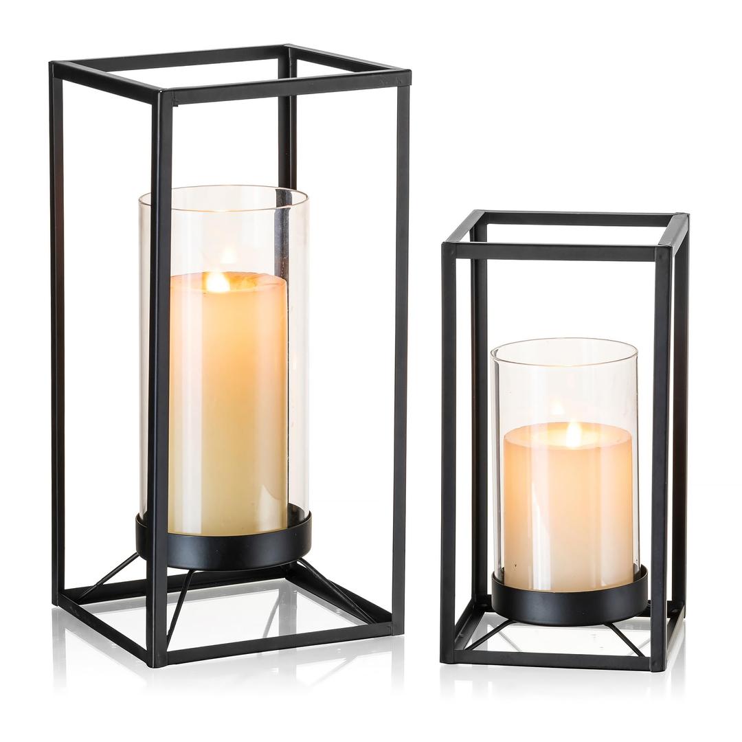 Black Metal Lantern Decorative Set of 2 with Hurricane Glass, Indoor Modern Farmhouse Candle Holder Hanging Lanterns for Table Centerpiece Fireplace Mantles Shelf, 12" & 9" Iron Home Decor