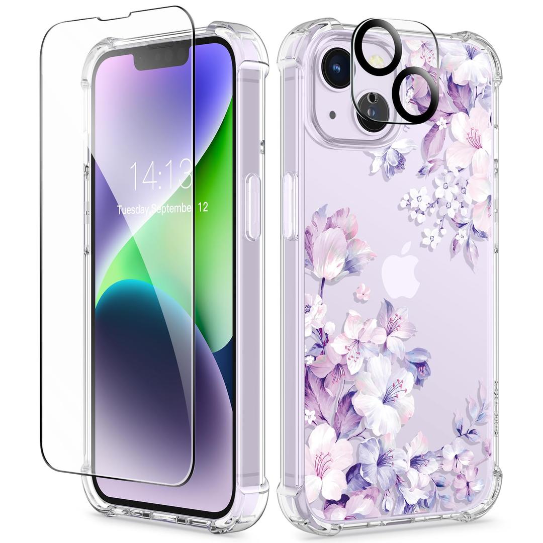 GVIEWIN for iPhone 14 Case Floral, with Screen Protector + Camera Lens Protector, [Non Yellowing] Soft Shockproof Clear Phone Protective Cover for Women, Flower Pattern Design 6.1" (Foliolosa/Purple)