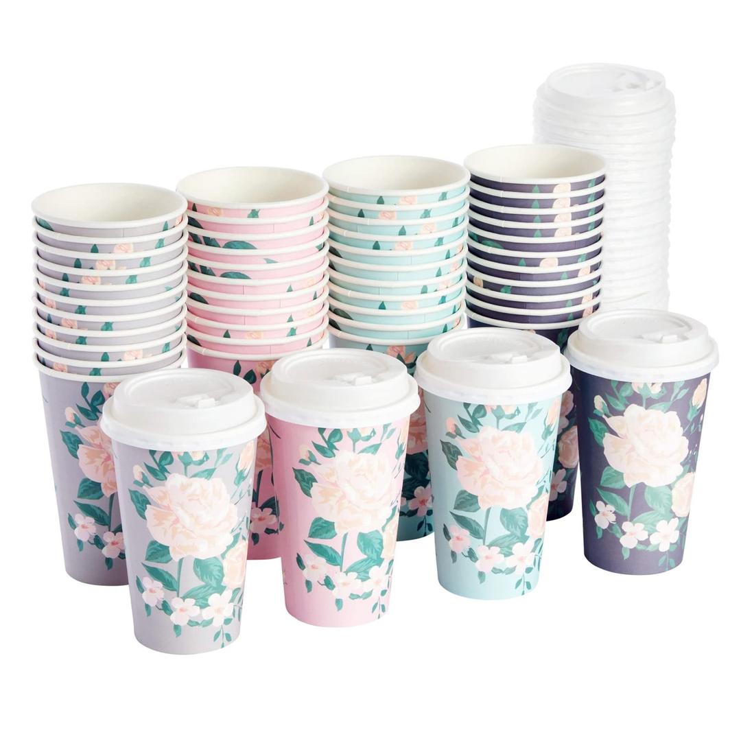 BLUE PANDA 48 Pack Disposable 16oz Paper Coffee Cups with Lids, Paper To Go Coffee Cups for Themed Birthday Party, Wedding, Baby Shower (4 Pastel Colors) - Paper Cups with Lids