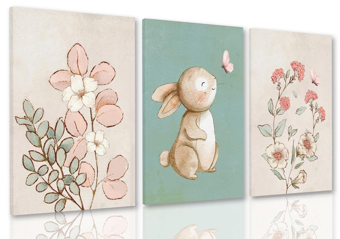 Dytila Framed Nursery Wall Art Set of 3, Pink Flower Botanical Pictures Wall Decor, Green Bunny Paintings, Cute Animal Canvas Prints for Girls and Boys Kids Room, Baby Room Decor 12x16 Inches