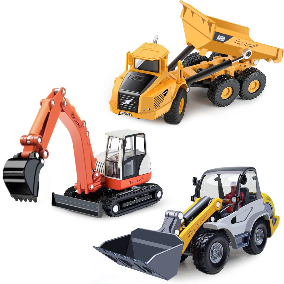 iPlay, iLearn Heavy Duty Construction Site Playset, Metal Dump Truck, Excavator Digger Backhoe, Tractor Bulldozer Diecast Vehicle, Outdoor Sandbox Car Toy, Birthday Gift 3 4 5 Year Old Boy Kid Toddler