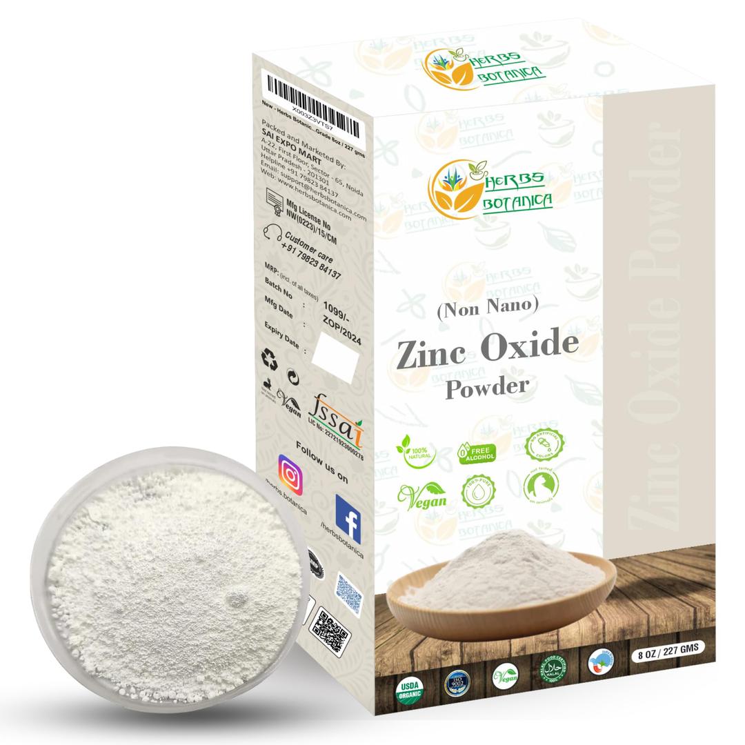 Herbs Botanica Zinc Oxide Powder Non Nano Zinc Oxide Powder Organic for Skin Protection, Healing, Baby Diaper Rash Cream, Sunscreen, Acne, Cosmetics, DIY Cream Pharmaceutical Grade 8oz / 227 GMS