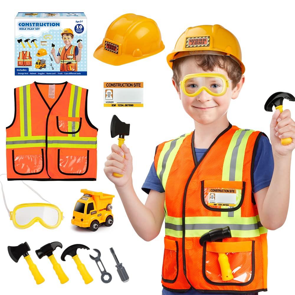 Construction Worker Costume for Boys, Pretend Builder Career Outfit with Self-Assembly Engineer Truck, Role Play Dress Up for Halloween