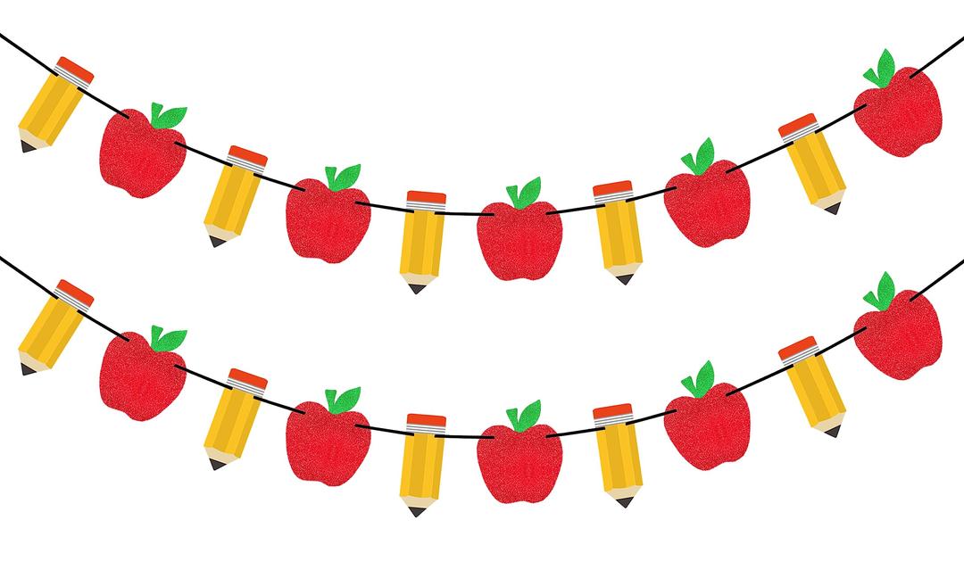 VILIFEVER 2 Pieces Pencil Apple Banner for Back to School Decorations, First Day of School Classroom Decorations Party Supplies, Pre-Strung Teacher Banners Photo Props