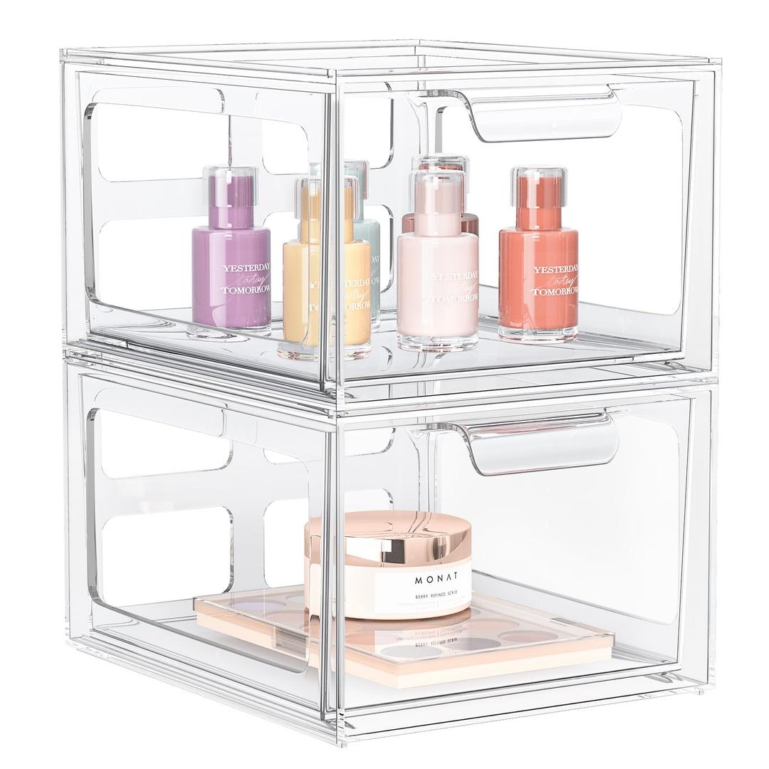 2 Pack Clear Makeup Organizer and Acrylic Organizers，Plastic Storage Bins with Handles for Vanity, Kitchen Cabinets, Pantry Organization and Storage