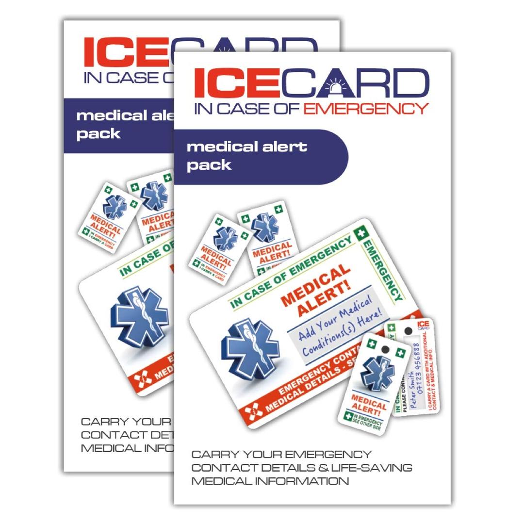 MEDICAL ALERT 2 PACK BUNDLE - Each In Case of Emergency (I.C.E.) Card Pack contains 1 Medical Alert Card, 2 Key Rings & 2 Stickers