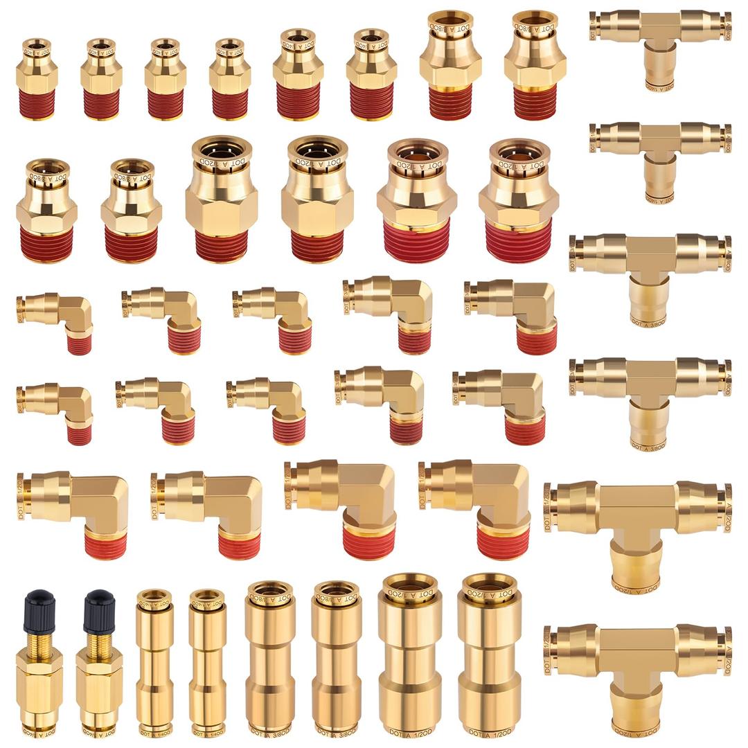 43 PCS Brass DOT Air Brake Line Fittings 1/4" 3/8" 1/2" Push to Connect Fittings Quick Connect & NPT Thread Tube Air Hose Fittings Repair Kit for Truck or Industrial Air System