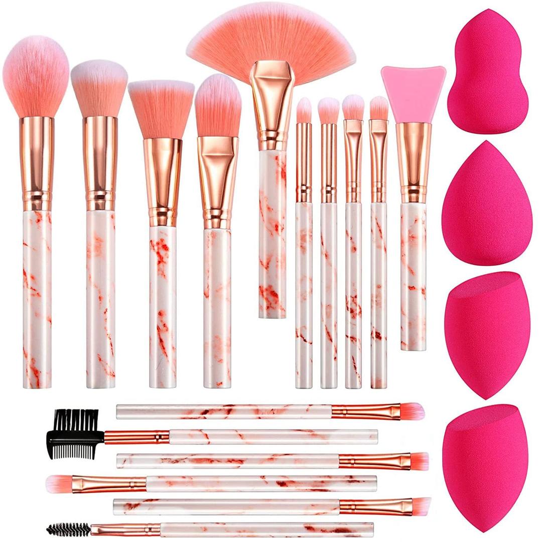 DUAIU Professional Makeup Brushes Set 16PCS Marble Handle with 4PCs Sponge Blenders Foundation Brushes Eyeshadow Brush Lip Brush Silicone Face Mask Brush Make Up Tool