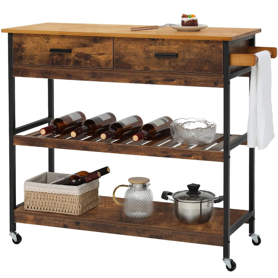 usikey Kitchen Island Cart on Wheels, Industrial Rolling Kitchen Cart, 3-Tier Microwave Stand with 2 Storage Drawer & Shelves, Utility Trolley Cart with Towel Rack for Dining Room, Rustic Brown