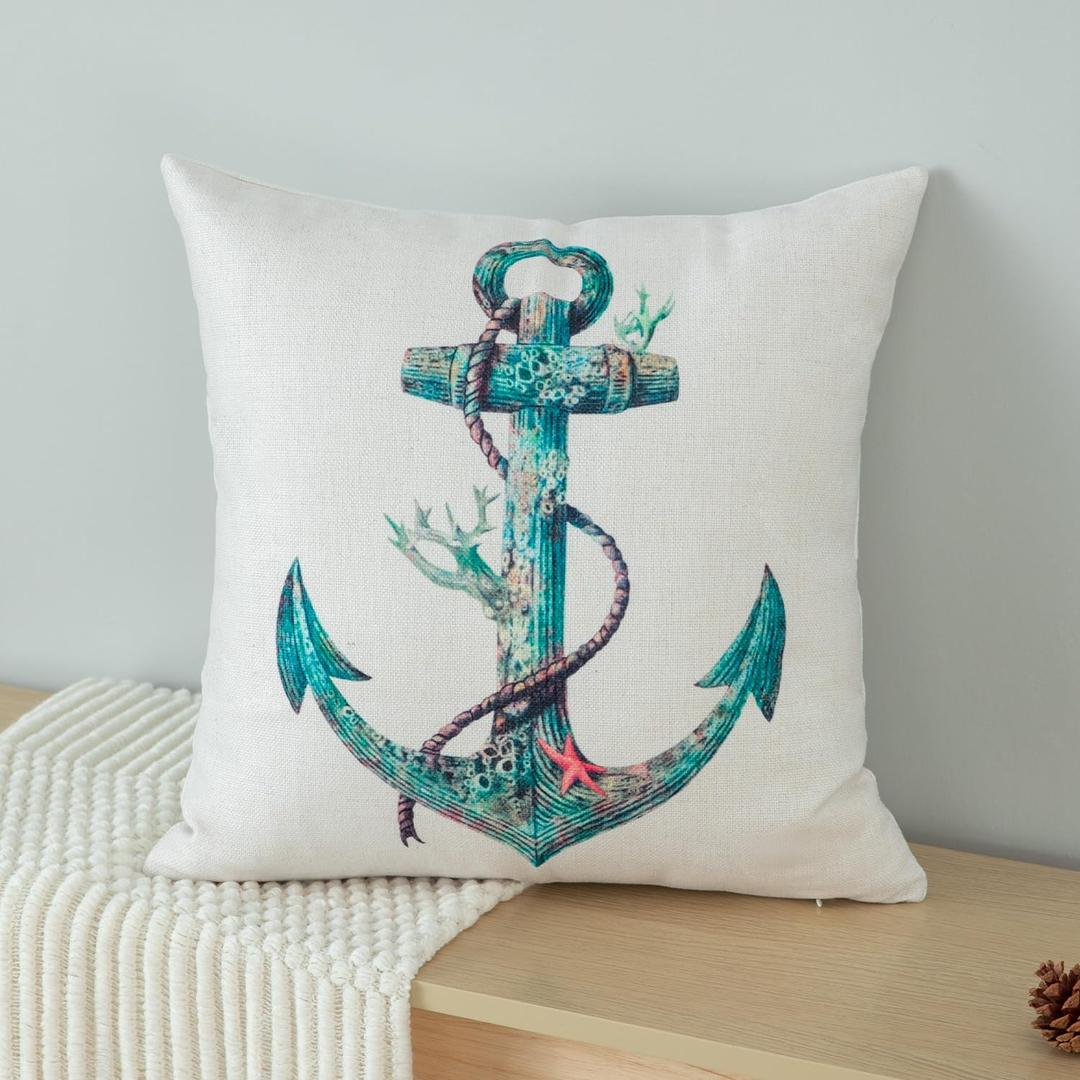 VOGOL Durable Cotton Linen Throw Pillow Case Cushion Cover, Blue Rust Nautical Anchor Sailing Map, Square Throw Pillowcase for Bedding Sofa Chair Car Seat, 18 x 18 Inch