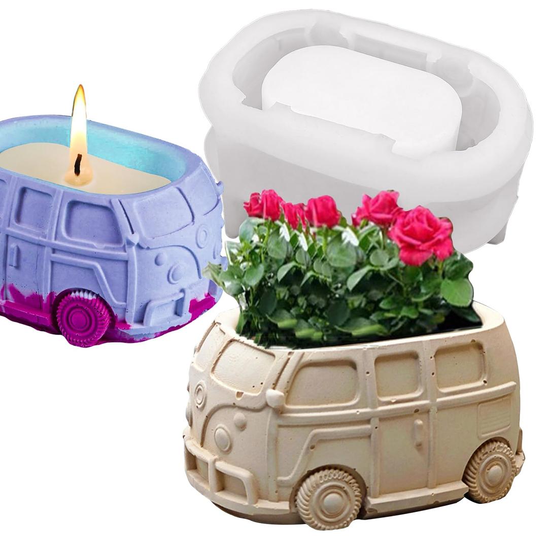 Wehous3D Bus Flower Pot Silicone Mold Container Bowl Resin Mold Retro Car Shape Candle Vessel Concrete Cement Mold Epoxy Resin Casting Silicone Molds Succulent Planter Storage Box DIY Art Crafts