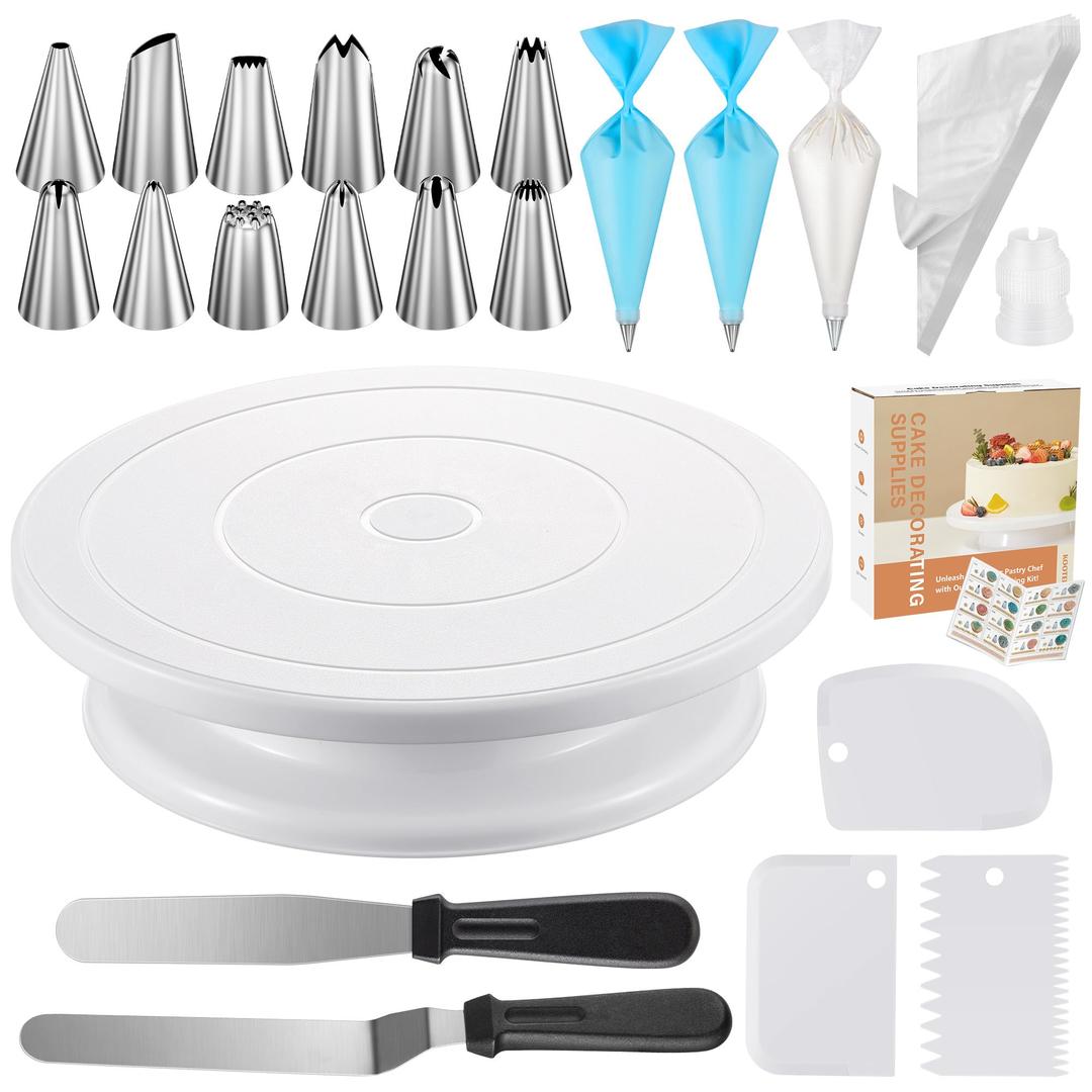 Kootek 71PCs Cake Decorating Supplies Kit with Revolving Cake Stand Turntable, 12 Numbered Icing Piping Tips, 2 Spatulas, 3 Icing Comb Scraper, 50+2 Piping Bags, and 1 Coupler for Baking