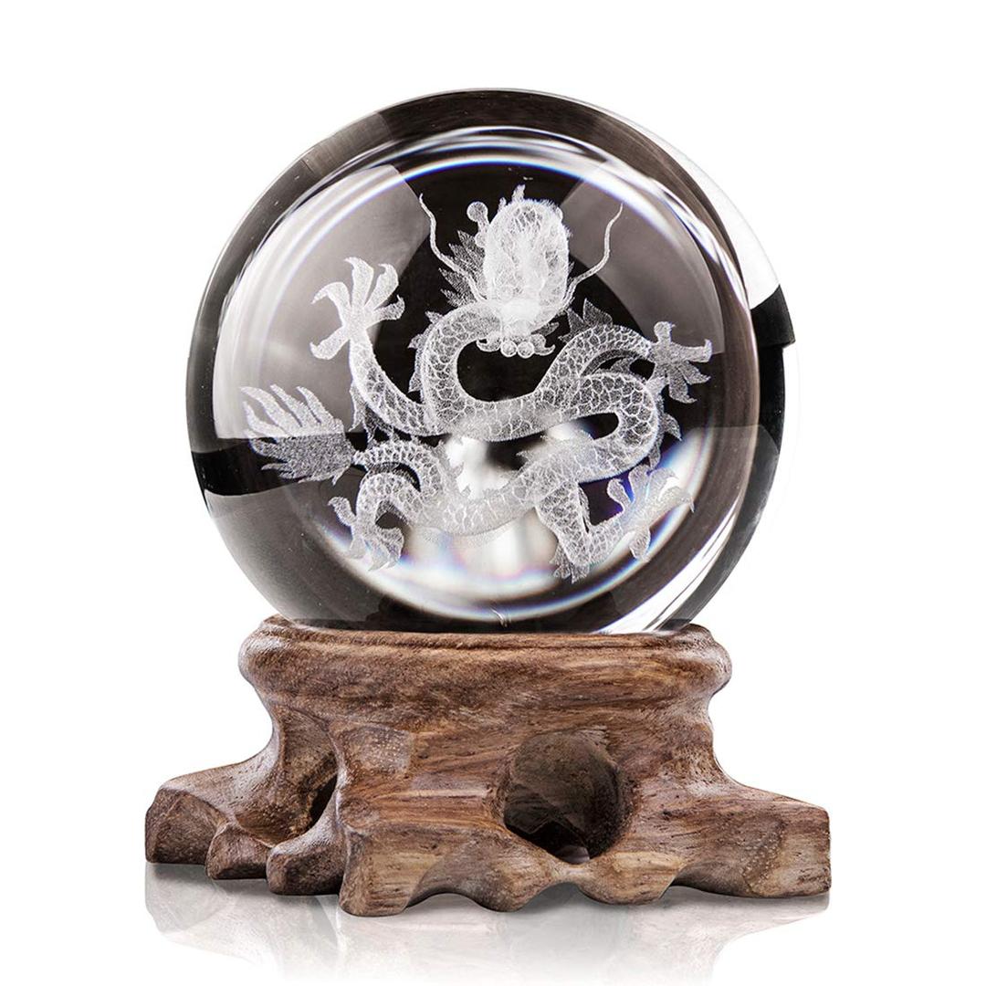 HDCRYSTALGIFTS 3D Crystal Ball Inner Carved Dragon Design Paperweight Ornament Sphere for Birthday Gift with Wooden Base(60mm)