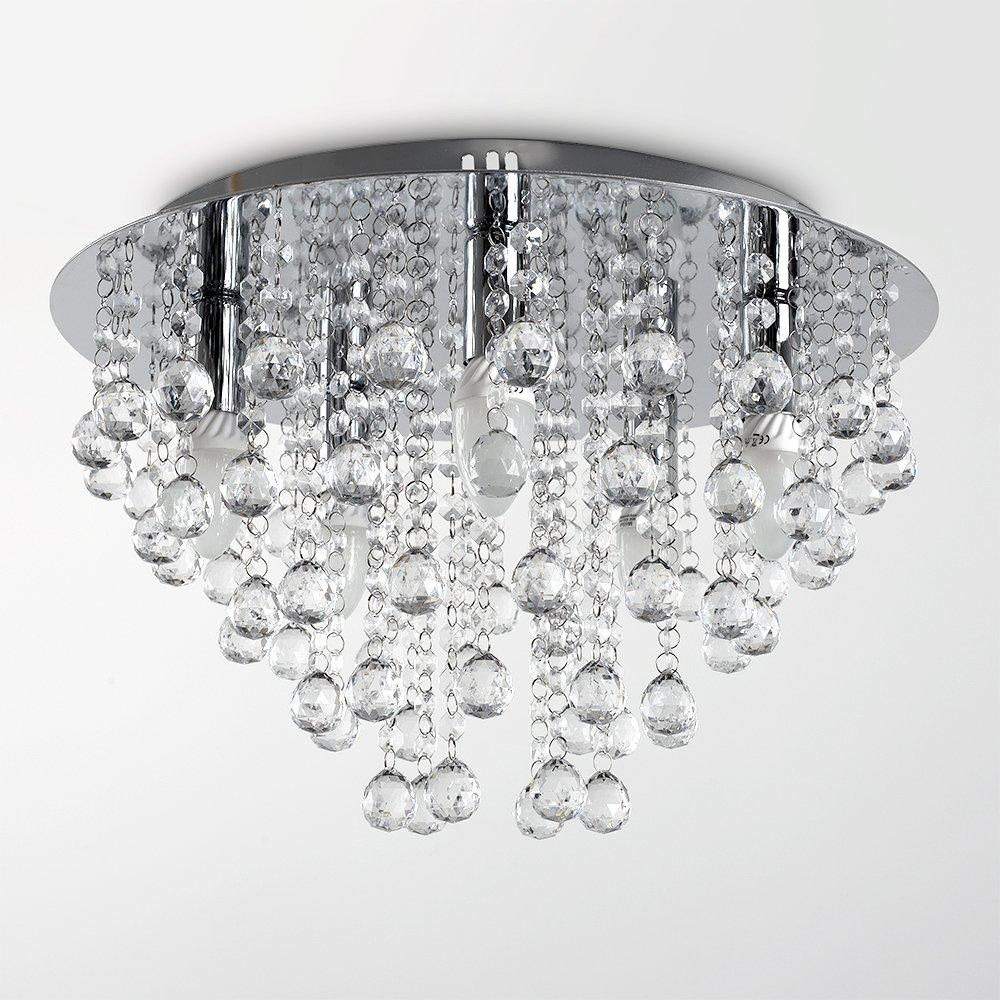 MiniSun Modern Large Round Silver Chrome Plated Acrylic Jewel Chandelier Crystal Cut Effect Droplet Flush Ceiling Light Fitting