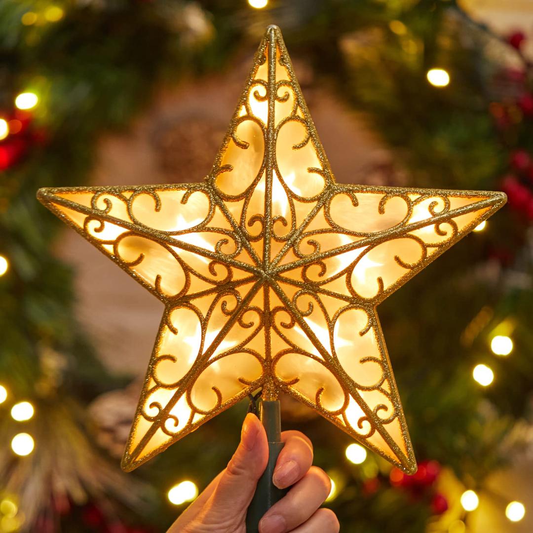 Christmas Star Tree Topper, Plug in Sliver Glittered 3D Star Tree Topper, Metal Hollow Designed Built-in 10 Bulbs String Lights for Indoor Office Christmas New Year Holiday Tree Decoration