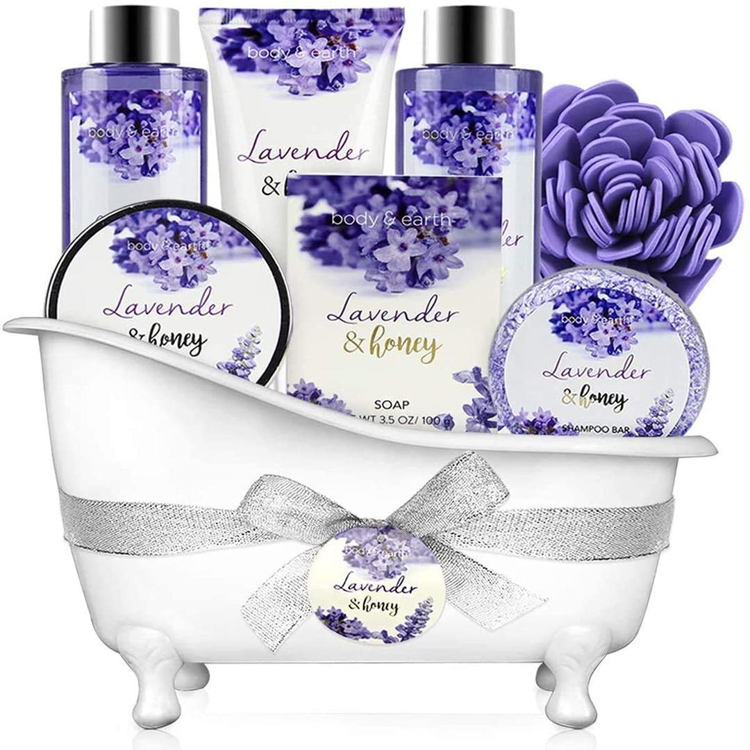 Bath and Body Gift Set - Lavender Gifts for Women, Body & Earth Bath & Shower Sets, 8 Pcs Lavender Honey Gift Sets with Bubble Bath, Lotion Set, Soap, Spa Kit for Women, Christmas Gifts for Mom