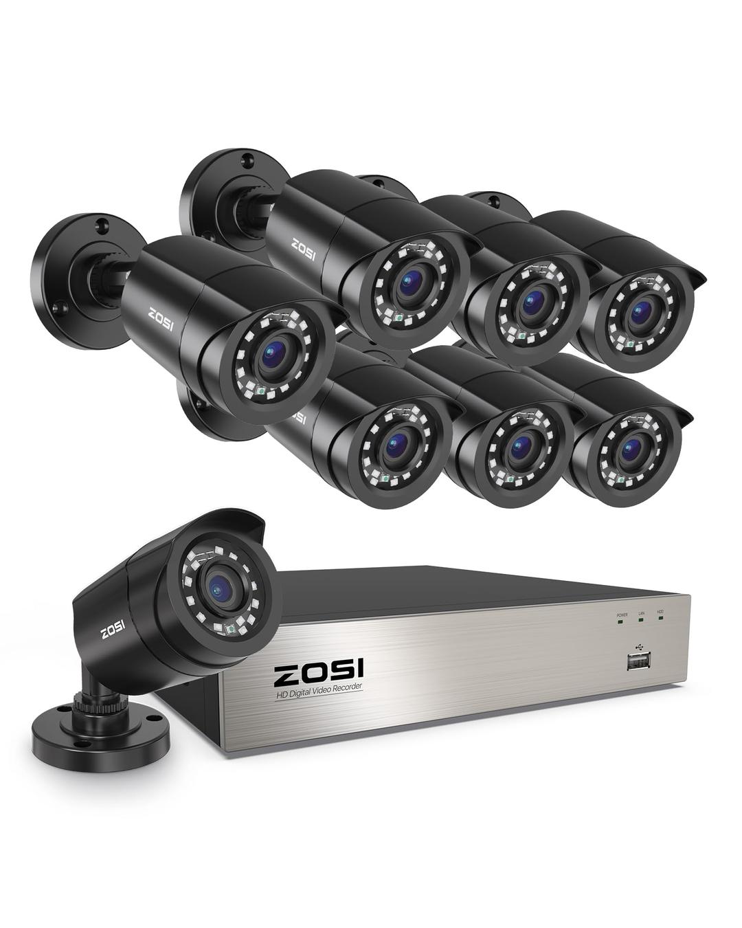 ZOSI 3K Lite 8CH Home Security Camera System Outdoor Indoor, AI Human/Vehicle Detection, Night Vision, H.265+ 5MP Lite 8 Channel CCTV DVR, 8pcs 1080P 1920TVL Surveillance Bullet Cameras (No HDD)