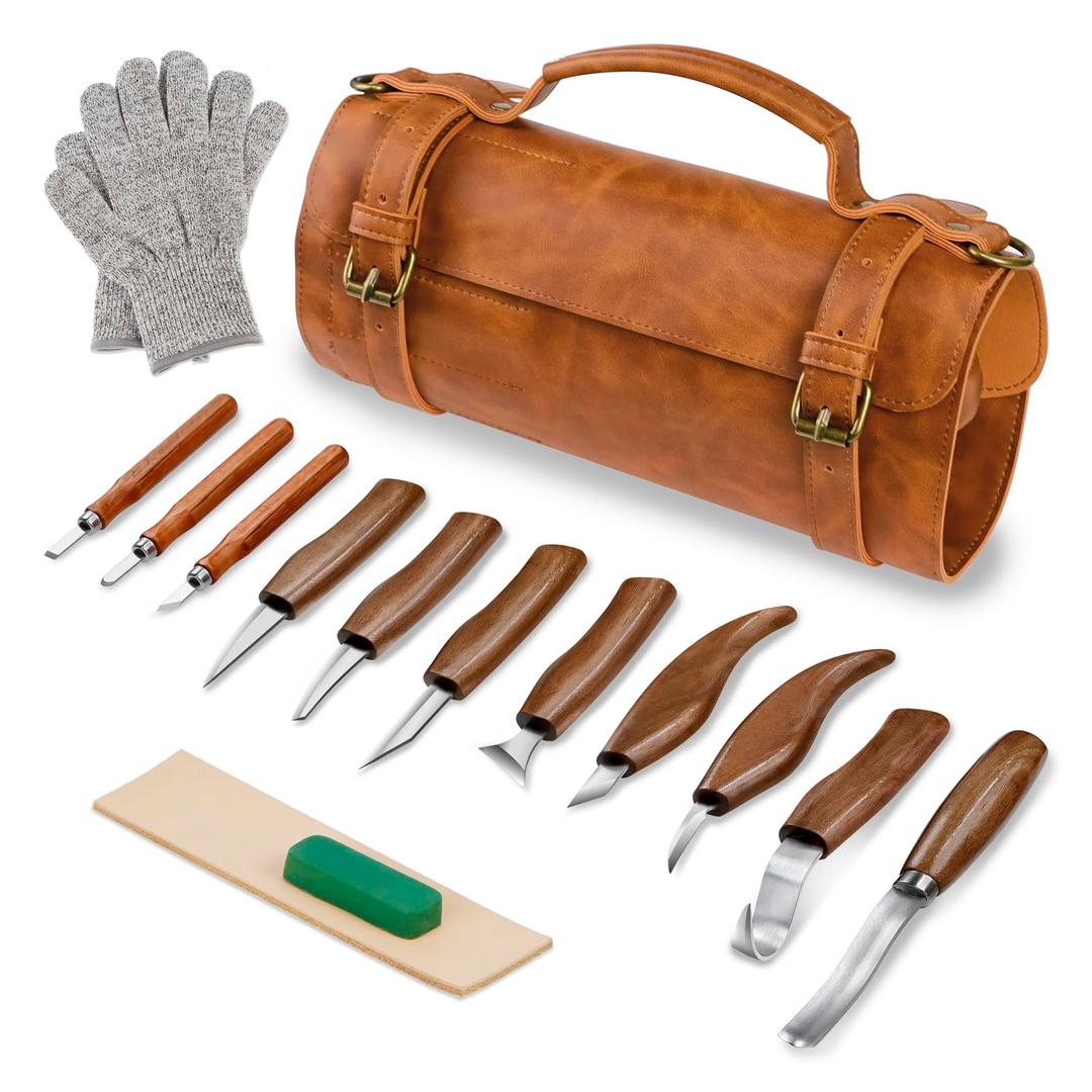 Tekchic Wood Carving Kit Deluxe-Whittling Knife, Wood Carving Knife Set, Wood Whittling Kit for Beginners, Carving Knife Woodworking Wood Carving Tools Set with Large Leather Case