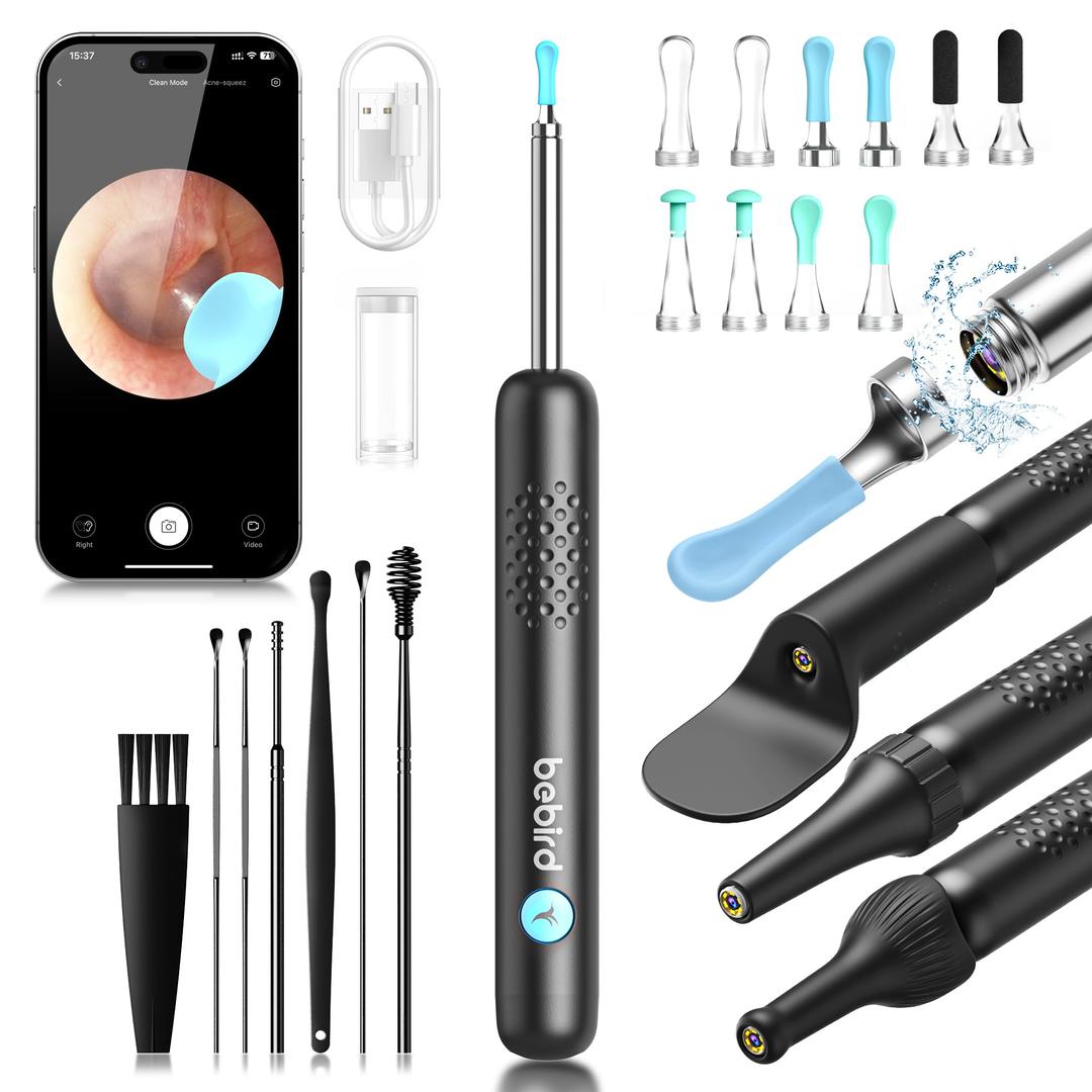 BEBIRD R1 Wax Removal Tool for Ear - Spade Ear Canal Cleaner with Camera 1080P Earscope, Wax Remove Ear Picker with Vari Replacement Tips, Camera with 6LED Light for Ear/Nose/Throat Examination, Black