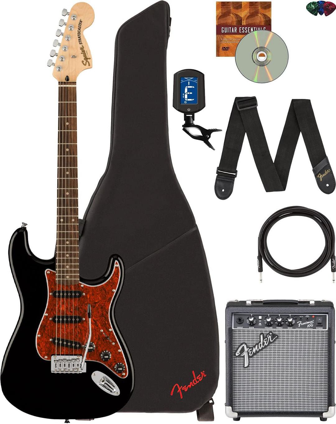 FenderSquier Affinity Stratocaster - Limited Edition Black, Bundle with Frontman 10G Amplifier, Gig Bag, Tuner, Instrument Cable, Strap, Picks, and Austin Bazaar Instructional DVD