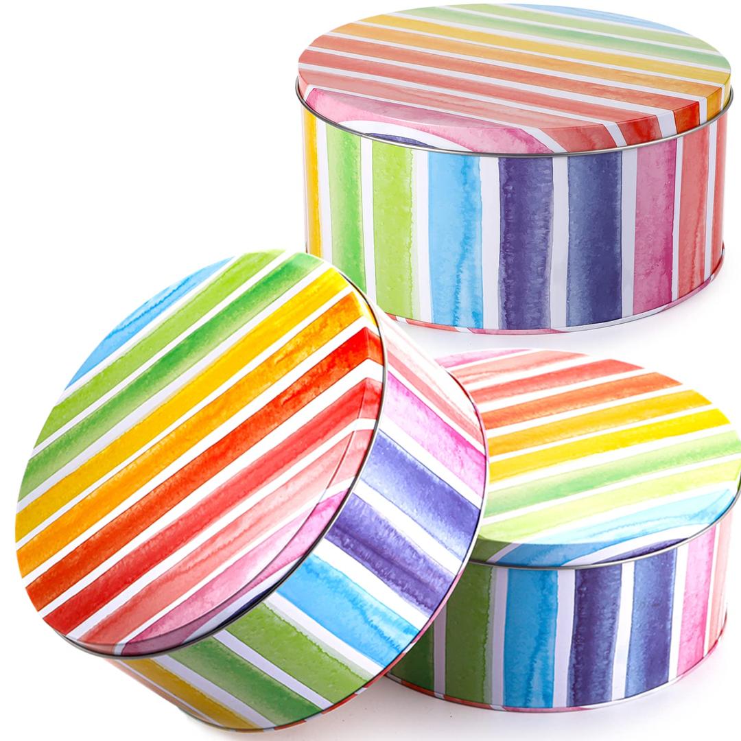 Yopay 3 Pack Cookie Tins, Round Baking Cake Gift Tins for Storing Patisseries, Puff Pastries Craft Supplies, Easter, Special Occasion and Holidays, Rainbow Pattern, 7" W X 3.2" H, Metal