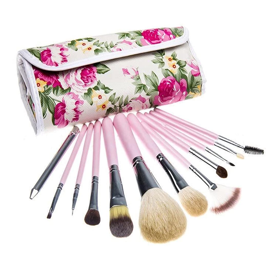 COOLBABY 12 Piece Professional Makeup Brush Set With Flower Design Bag Pink/Black Synthetic Makeup Sets for Foundation, MULTICOLOR