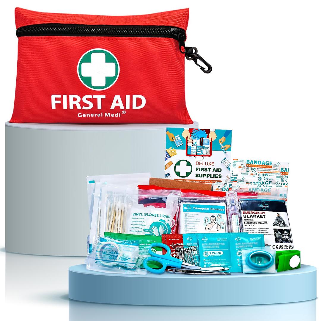 General Medi Mini First Aid Kit, 110 Piece Small First Aid Kit - Includes Emergency Foil Blanket, Scissors for Travel, Home, Office, Vehicle, Camping, Workplace & Outdoor (Red)