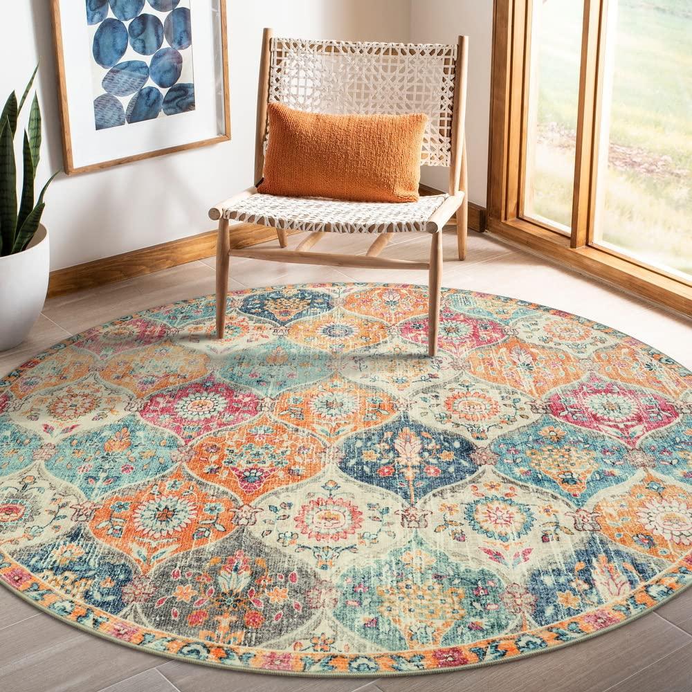 Lahome Moroccan Trellis Washable Round Rug - Round Rug 5ft Soft Non-Slip Circle Area Rugs for Bedroom Non-Shedding Distressed Throw Carpet for Living Room Bathroom Nursery Kitchen(5ft-Round,Cream)