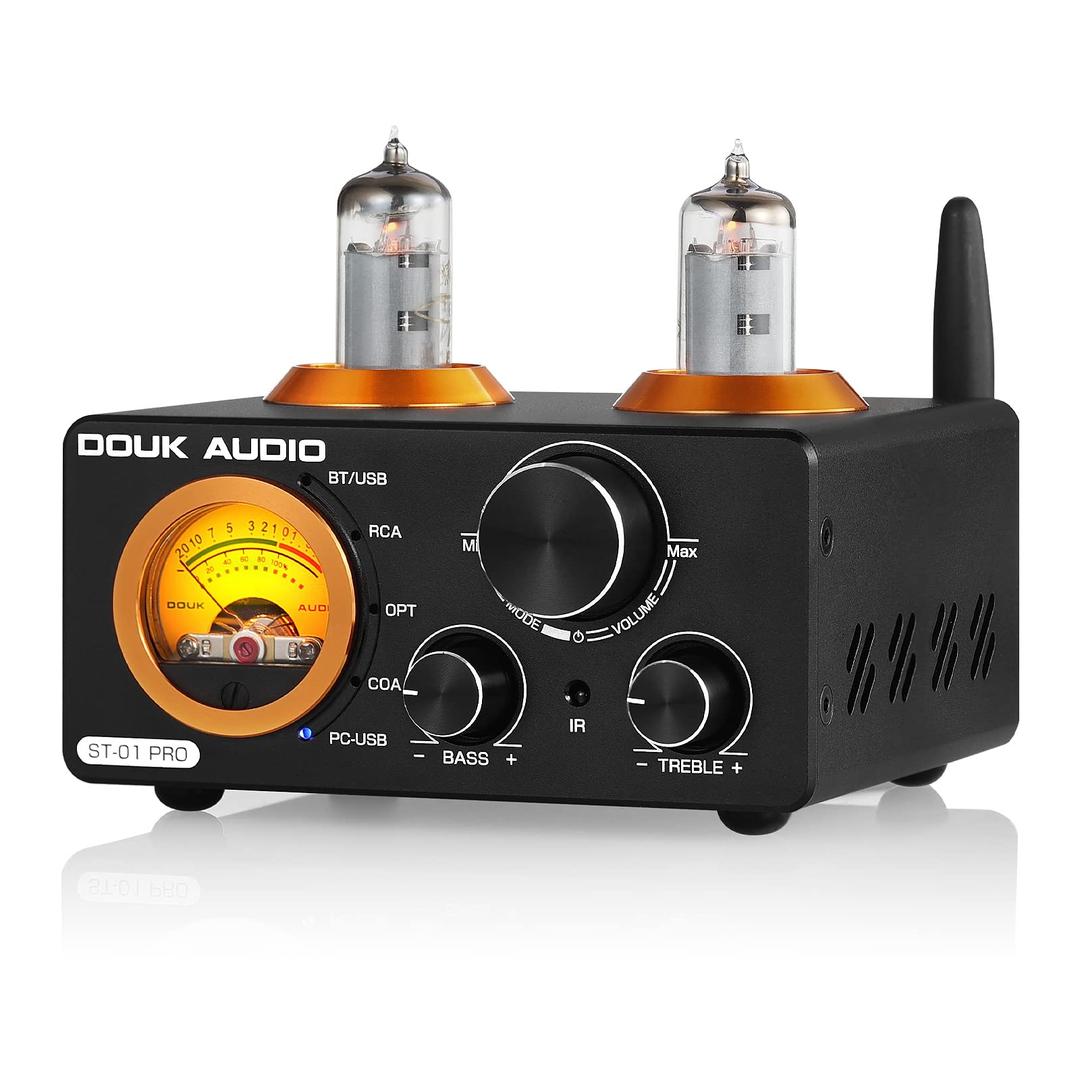 Douk AudioST-01 PRO 200W Bluetooth Amplifier, 2 Channel Vacuum Tube Power Amp with USB DAC/Coaxial Optical Inputs/VU Meter/Treble Bass Control for Home Theater/Stereo Speakers (Upgrade Version)