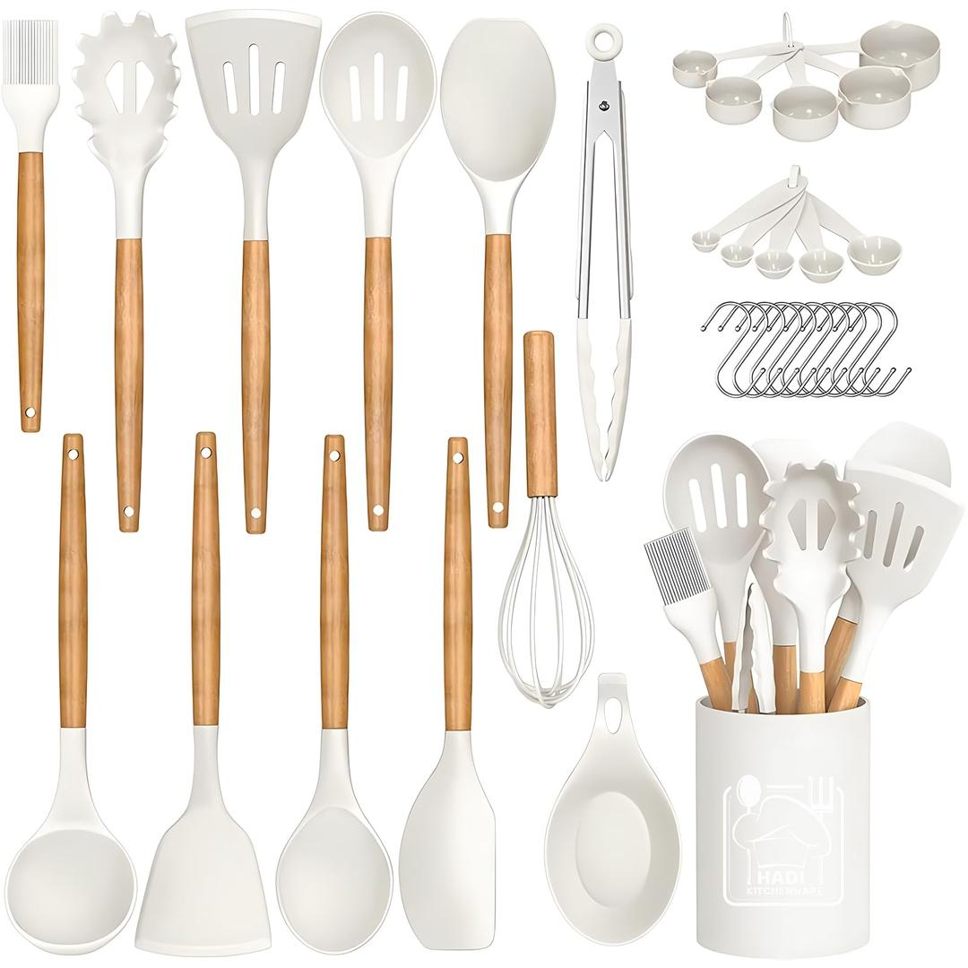 HADI KITCHENWARE Silicone Kitchen Cooking Utensils Set, 33 pcs Wooden Handle Silicone Kitchen Gadgets Utensil Set, Silicone Spatula Set for Nonstick Cookware with Holder (Milk White)