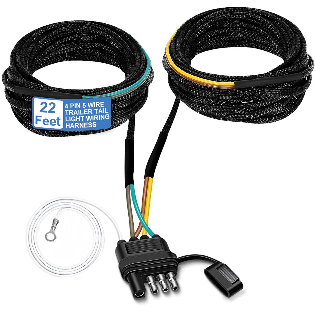 22 Ft 4-Pin 5-Wire Trailer Wiring Harness with Nylon Mesh Protection, A Trailer Light Kit Suitable for Re-Wiring The Tail Lights, Brake Lights, and Turn Signals on Trailers, Rvs, and Boats