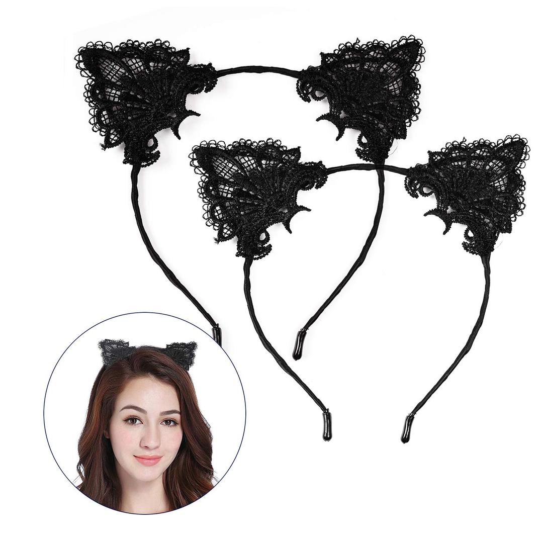 FINGOOO 2 pieces Cat Ear Headband kit, Costume ball Decoration Party decor for Girl, Black