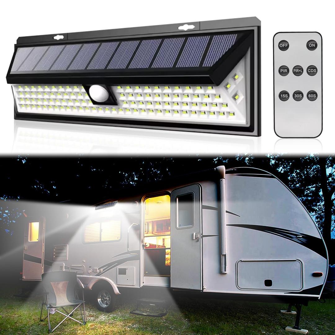 Solar RV Porch Light, 118 LED Motorhome Motion Sensor RV Exterior Lights with Remote Control, Waterproof Camper Outdoor Lights for Motorhome Travel,Travel Trailers, Camper, Food Trucks