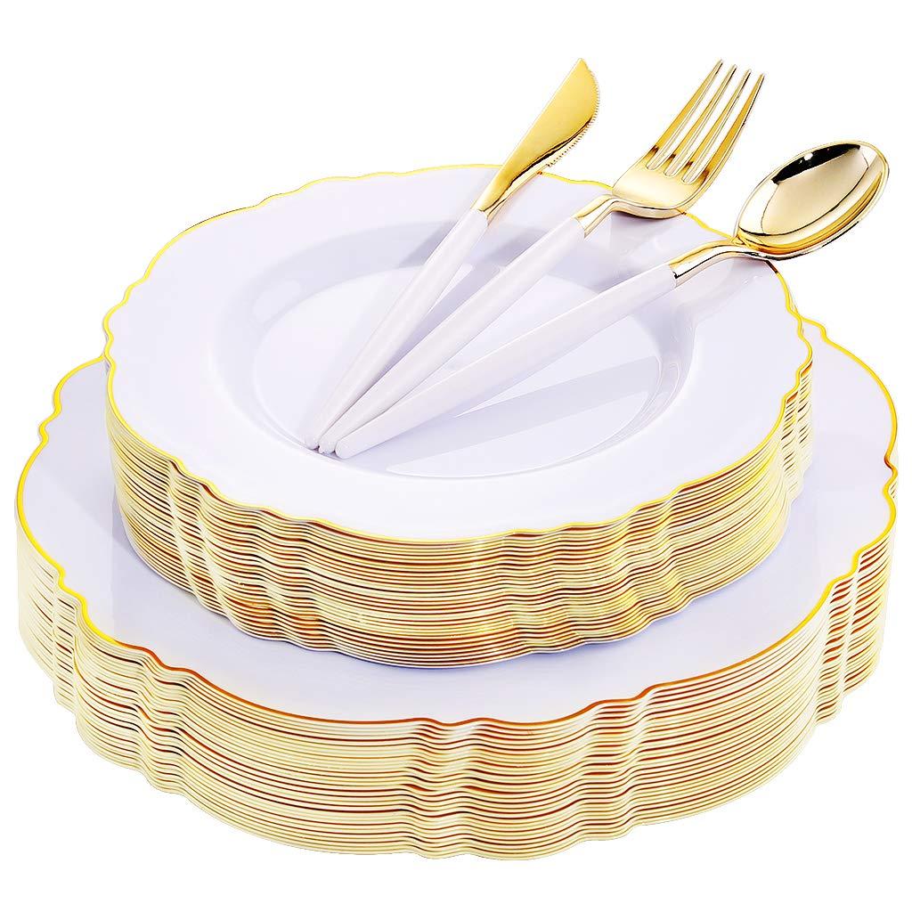 WDF 30Guest Gold Plastic Plates Disposable - Gold Plastic Silverware With White Handle Baroque Plates Disposable for Thanksgiving Parties/Wedding