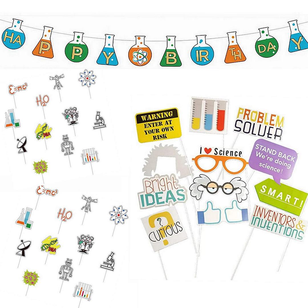 Science Theme Birthday Decoration Kit Science Birthday Banner Cupcake Toppers PhotoBooth Props Mad Science Party for Kids Birthday Baby Shower Mad Scientist Chemistry Laboratory Theme Party