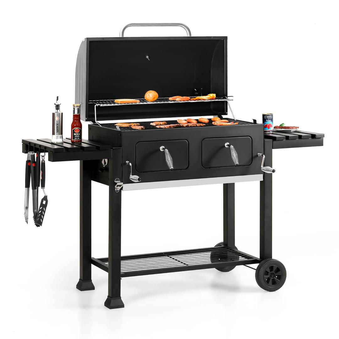 Sophia & William Extra Large Charcoal BBQ Grills with 794 SQ.IN. Cooking Area, Outdoor Barbecue Grill with Dual-Zone Individual & Adjustable Charcoal Tray and 2 Foldable Side Table, Black