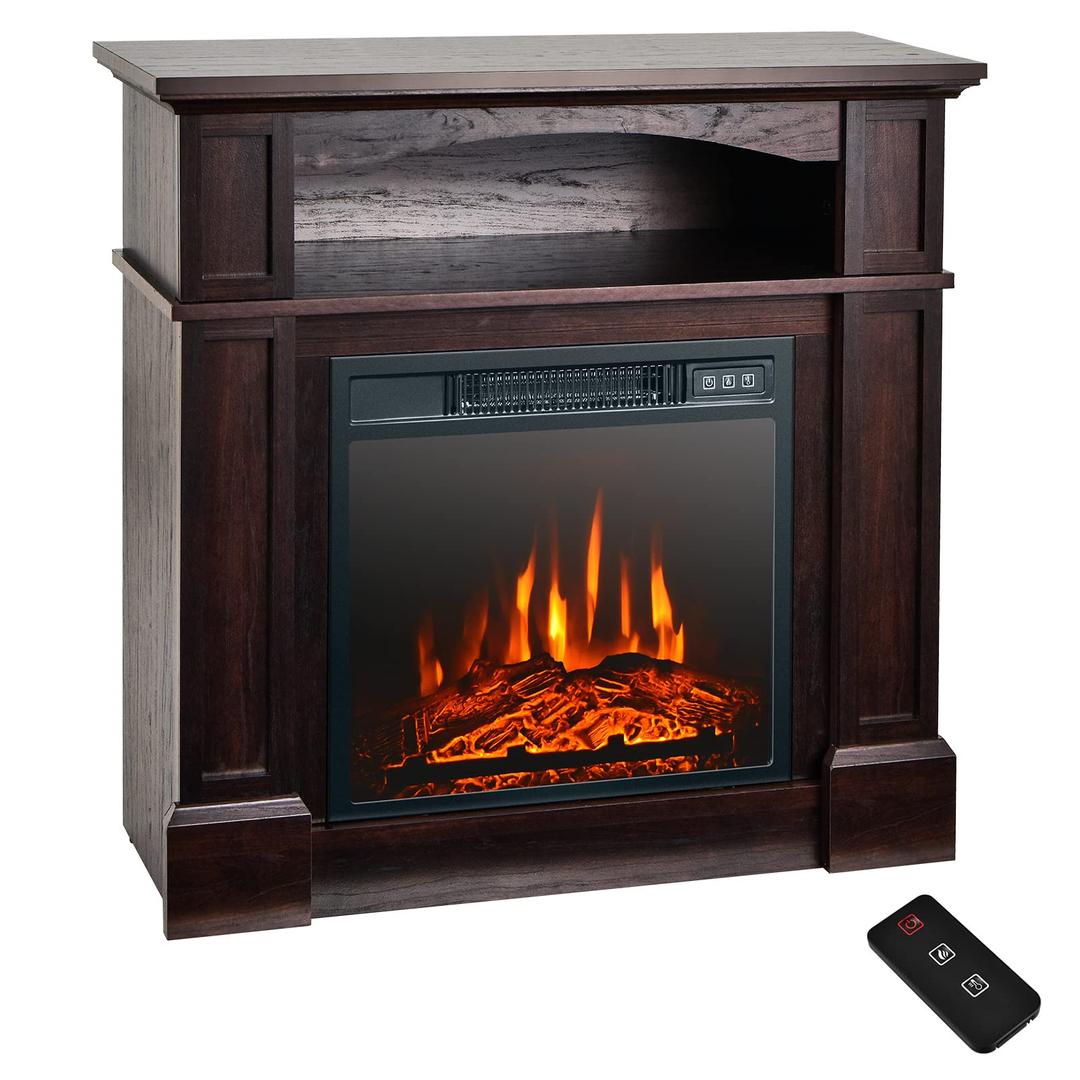 Tangkula 32" Electric Fireplace with Mantel, 1400W Freestanding Heater with Remote Control & Adjustable Brightness, Multifunctional Mantel Fireplace with Storage Shelf for Living Room (Brown)