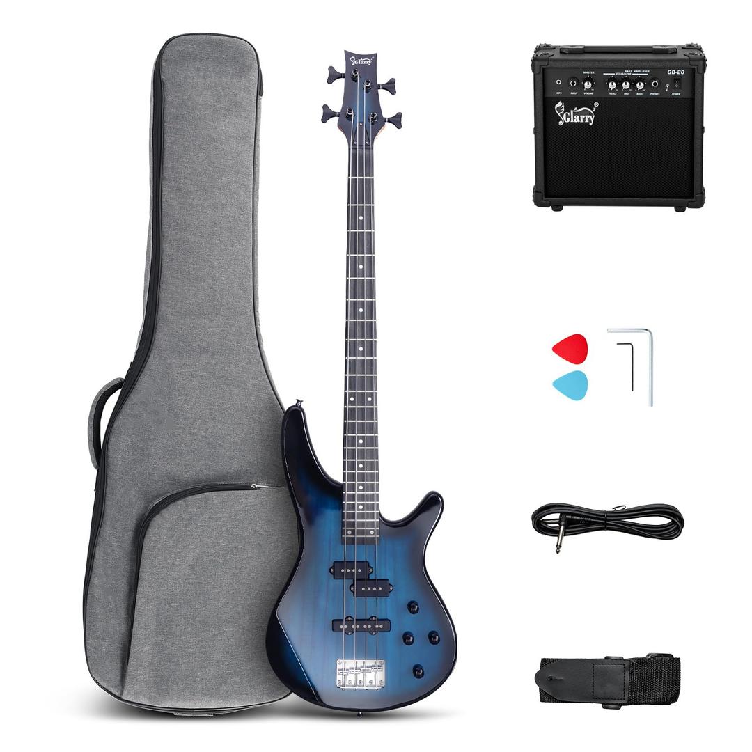 GLARRY 4 String Electric Bass Guitar Beginner Kit, GIB Series Full Size Solid Body Bass Guitar with 20W AMP, Gig Bag Backpack and Accessories (Dark Blue)