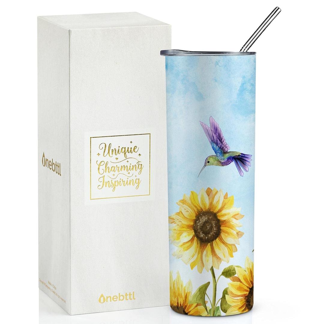 OnebttlHummingbird Skinny Tumbler Gifts For Women, Female, Her and Hummingbird lovers - 20oz/590ml Stainless Steel Insulated Tumbler with Straw, Lid, Message Card - White