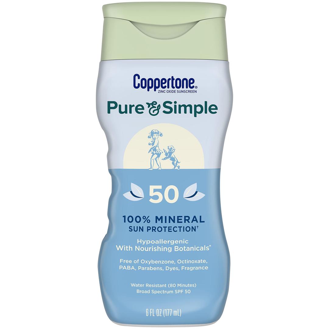 Coppertone Pure and Simple Sunscreen Lotion, SPF 50 Broad Spectrum Sunscreen with Zinc Oxide, 6 Oz