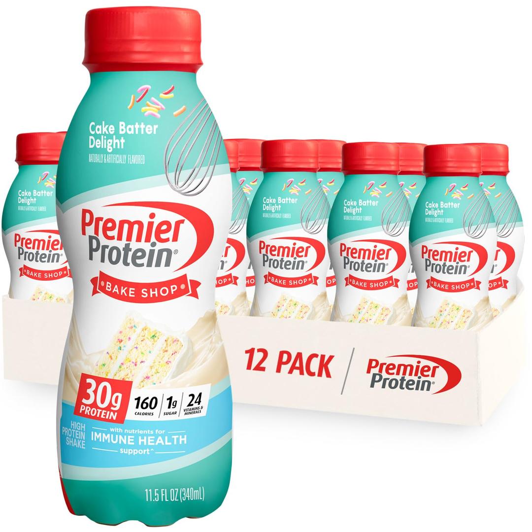 Premier Protein Shake, Cake Batter, 30g Protein, 1g Sugar, 24 Vitamins & Minerals, Nutrients to Support Immune Health, 11.5 Fl Oz, 12 Count