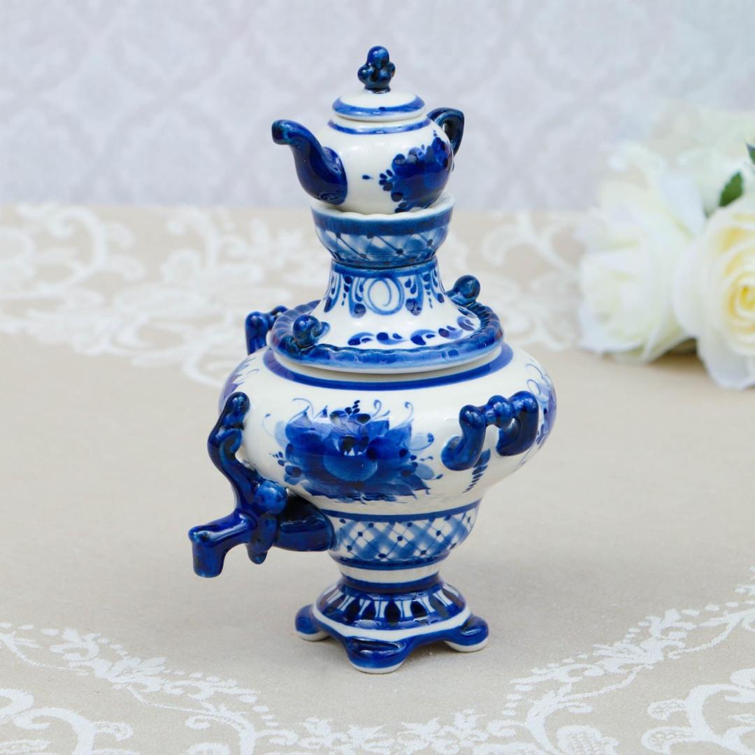 AEVVV Traditional Gzhel Porcelain Samovar | Hand-Painted Russian Ceramic Teapot | 7.1" Decorative White & Blue