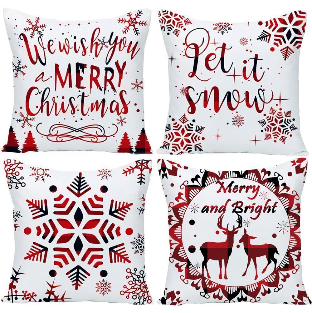 Red and Black Buffalo Plaid Pillow Covers 18x18 Set of 4 Merry Christmas Deer Snowflake Pine Tree Castle Forest Velvet Square Throw Pillow Cases Decorative Cushion Pillowcase Sofa 18x18 Inches