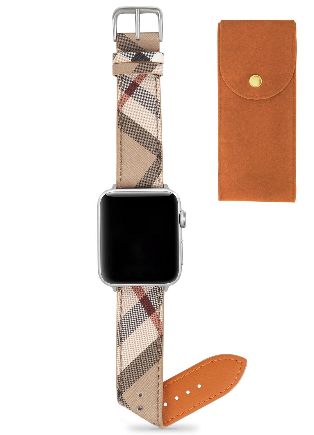 Leather Watch Band Compatible with Apple Watch Bands 45mm 44mm 42mm 41mm 40mm 38mm, Luxury Designer Classic Beige Plaid Watch Band Compatible for iWatch Series 9/8/7/6/5/4/3/2/1/SE Women¡­