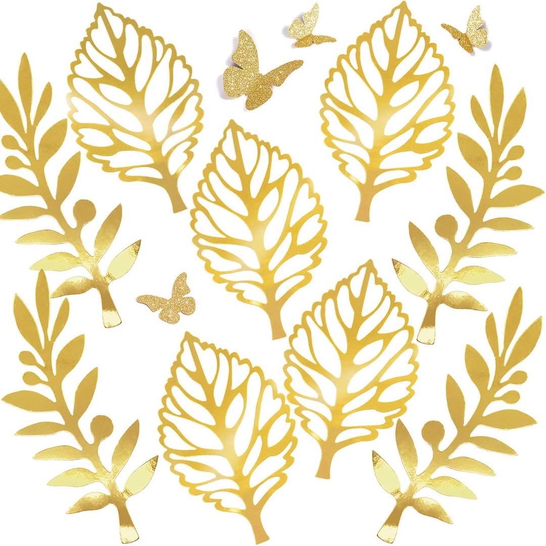 Golden Leaves Wall Decal Paper Butterflies Set Decorations for Family Tree Photo Wall Crafts Leaf Glitter Butterfly Nursery Decor Baby Shower Wedding Backdrop Christmas Decoration 13 pcs