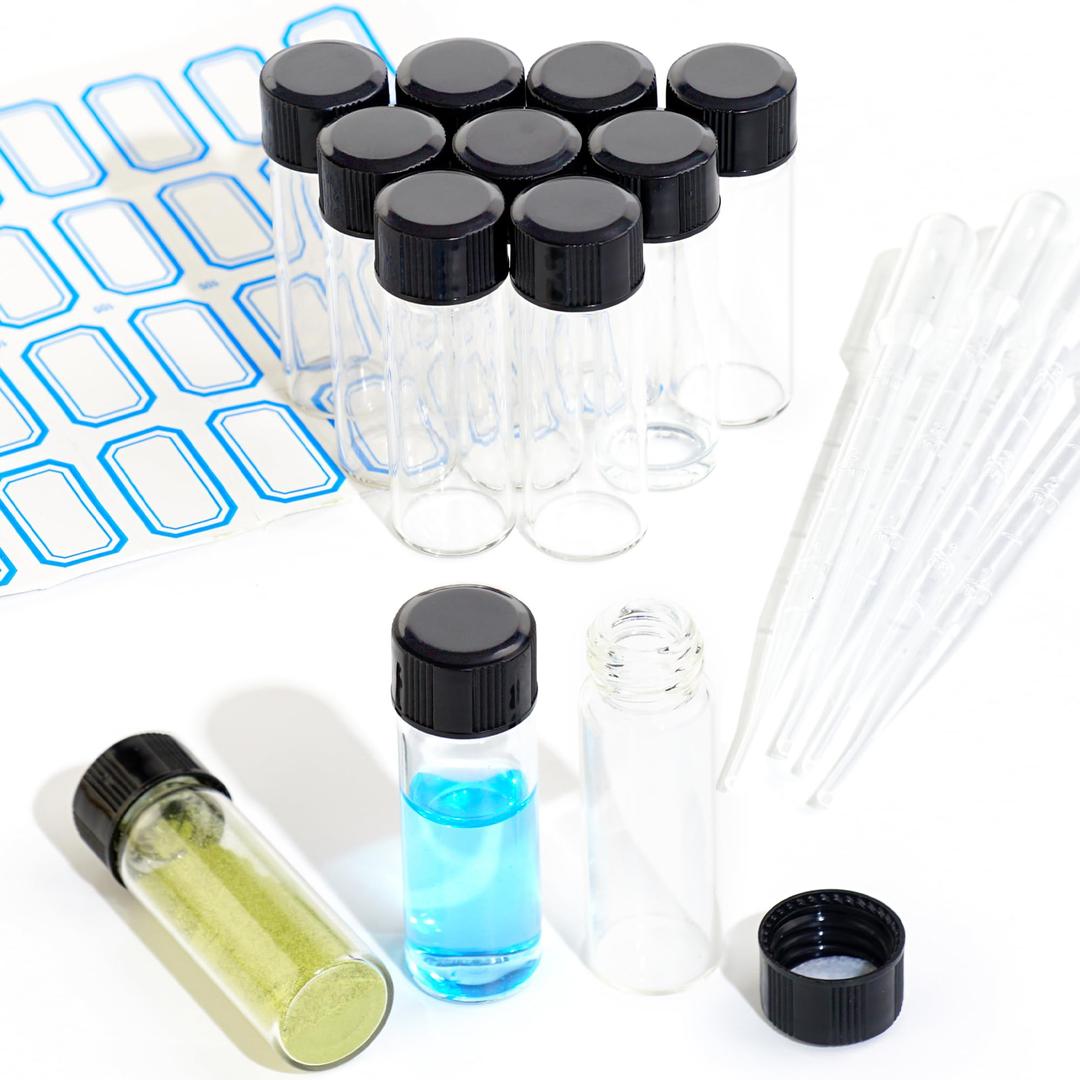 10PCS 4ml Clear Glass Vials with Screw Caps and PE pad, 1 Dram Small Lab Sample Vials with Lids, Leak-Proof Liquid Storage Empty Vial (with Droppers and Marker Stickers)